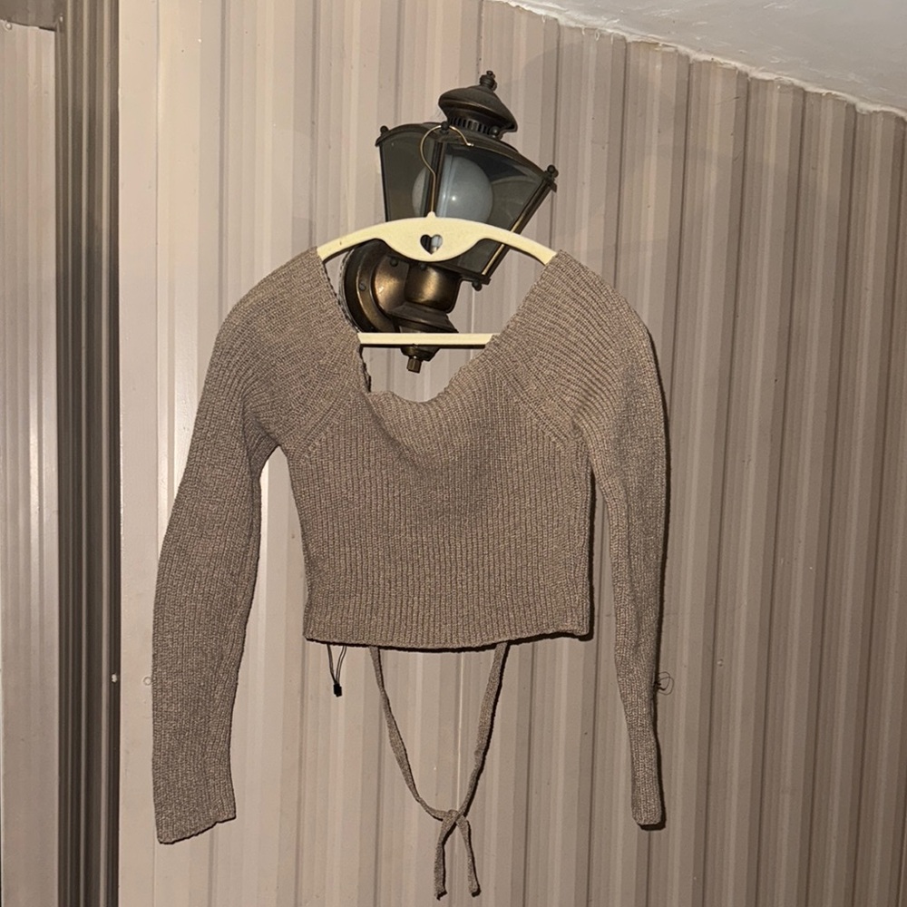 Brown Knit Sweater with Tie Detail